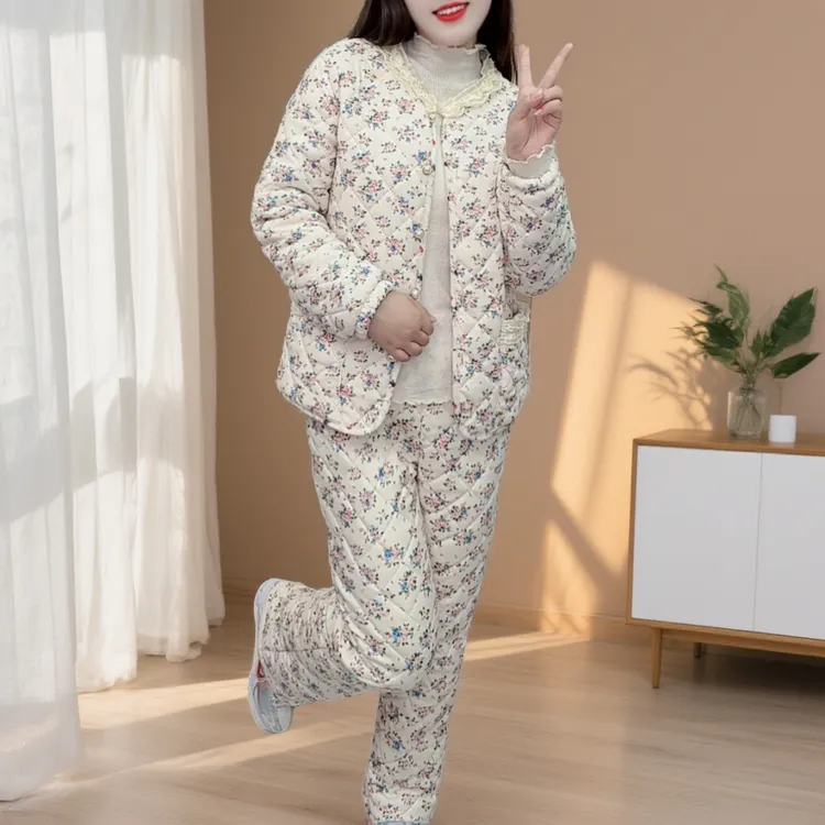 新款中式印花花边套装棉袄女士冬季加绒加厚棉衣棉裤居家外出棉服