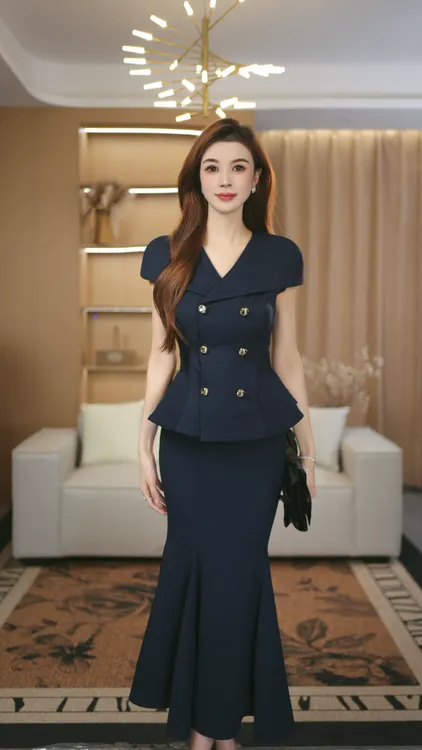 罗曼定制 高定原创深蓝气质名媛通勤收腰上衣女+鱼尾半身裙夏套装