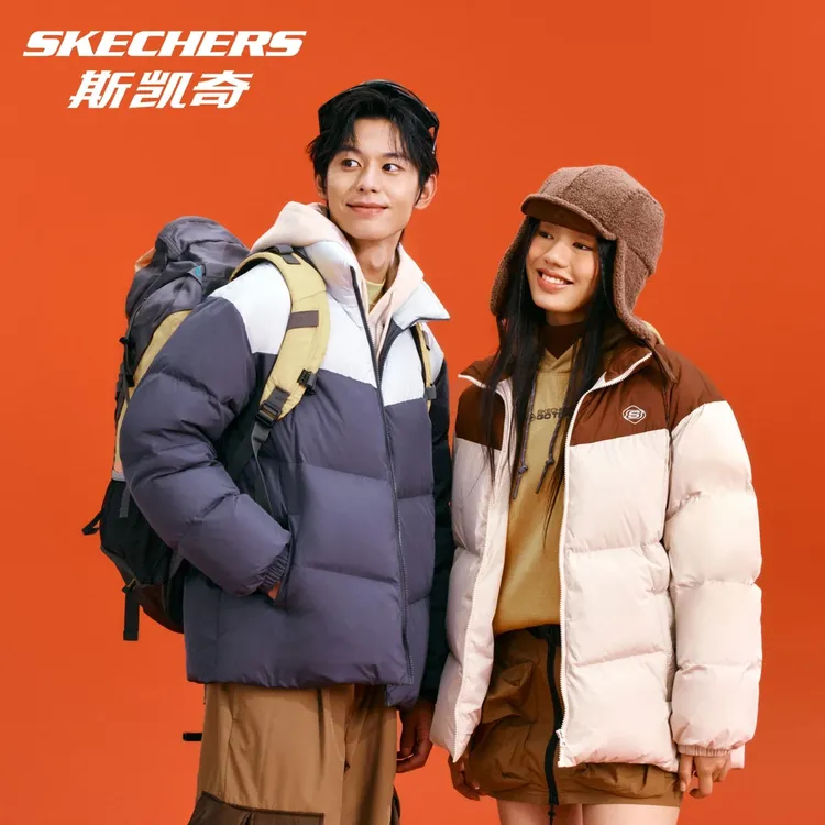 Skechers斯凯奇拼色面包羽绒服冬季男女短款保暖好羽绒L324U104
