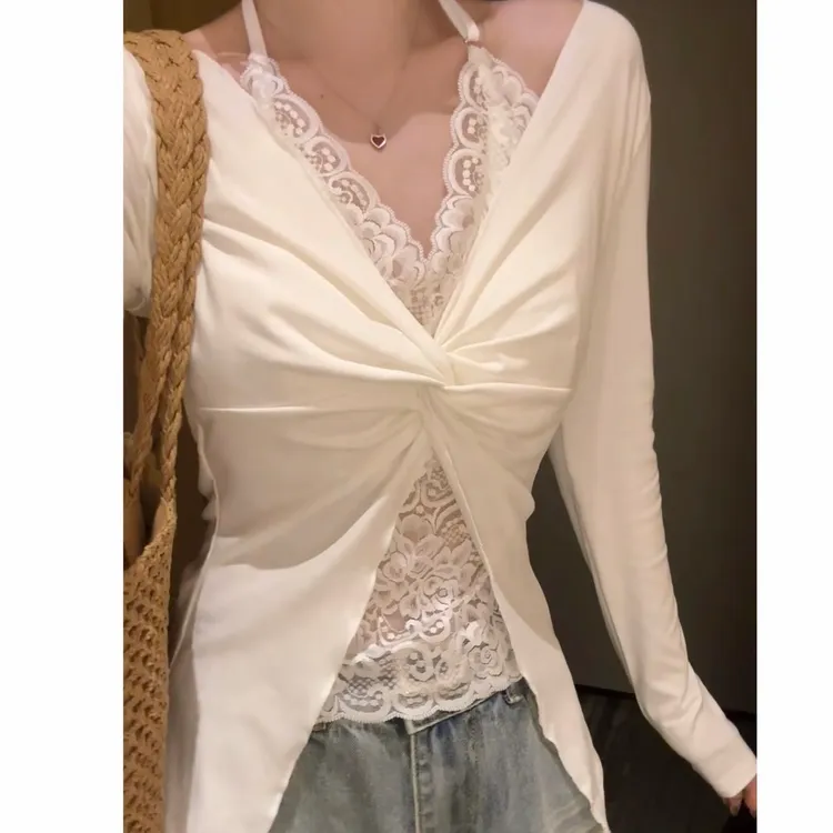 【现货法式蕾丝】设计感假两件挂脖美背长袖秋冬纯欲修身内搭打底衣