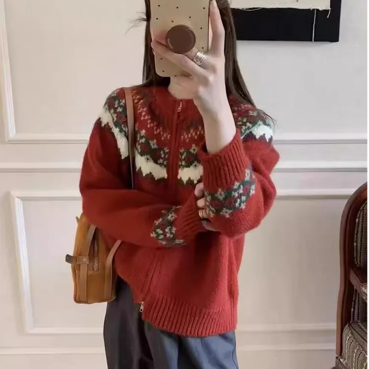 【费尔岛开衫】拉链开衫外套针织毛衣冬季新款韩版提花复古宽松百搭