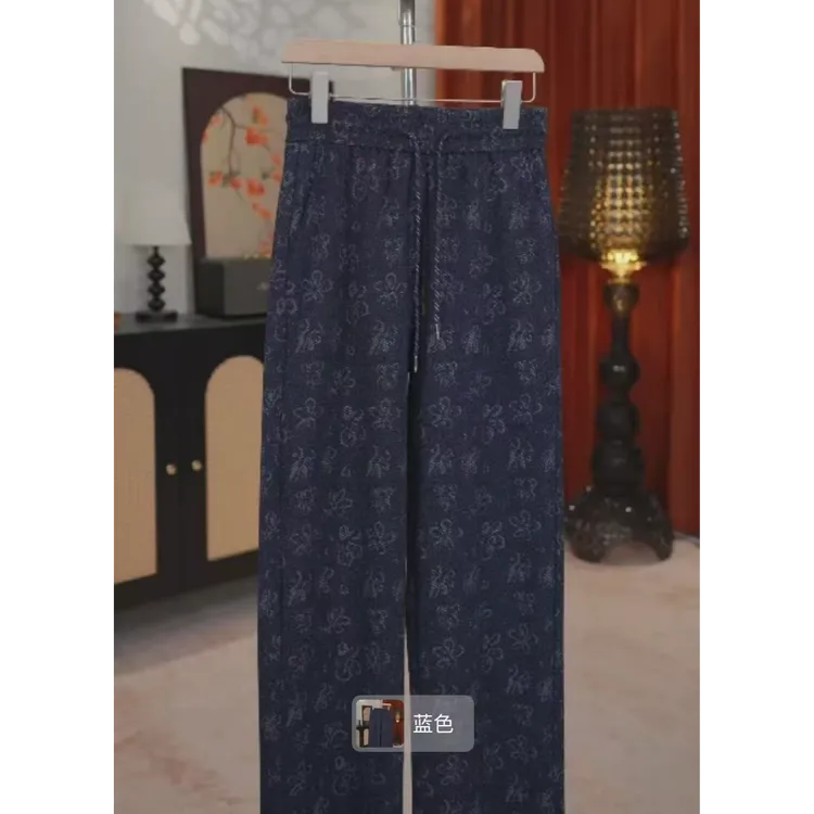 重工设计师阔腿裤女秋季长裤高腰印花休闲裤复古蓝色牛仔裤