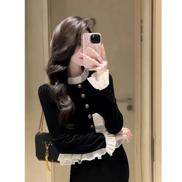 法式拼接黑色丝绒长袖衬衫女士秋冬款荷叶边时髦洋气显廋百搭上衣