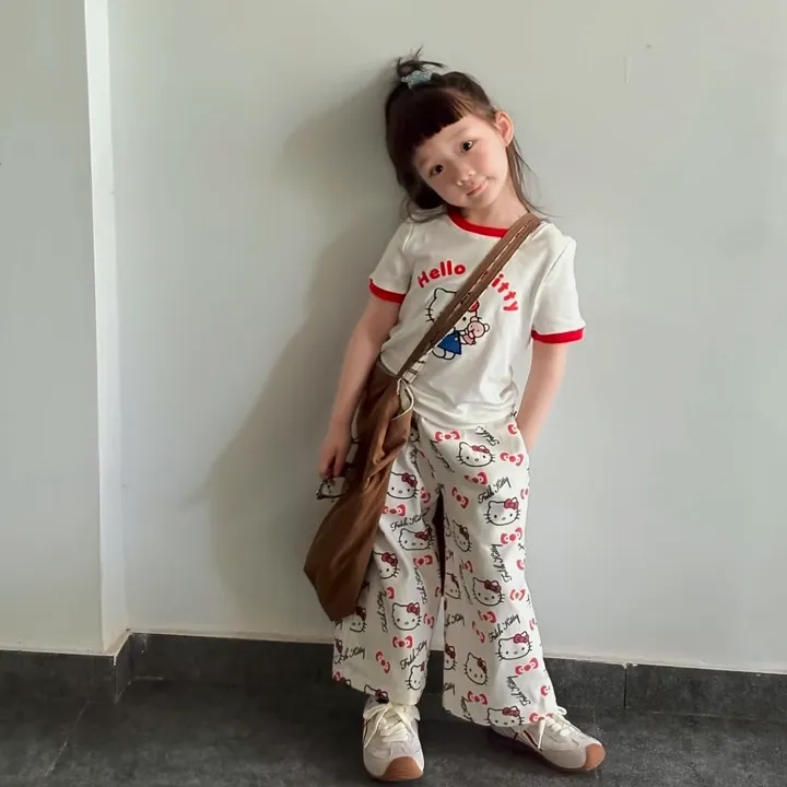 小思家女童2025夏季休闲韩版洋气卡通猫短袖上衣满印阔腿裤套装