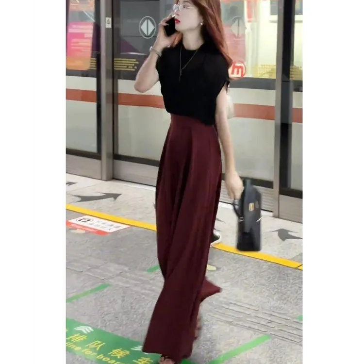 优雅气质黑色显瘦T恤配高级感宽松红色显高阔腿裤套装女2025夏季