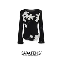 SARA.P如花似玉｜新款手工花拼植绒百搭修身洋气长袖上衣｜5D168428