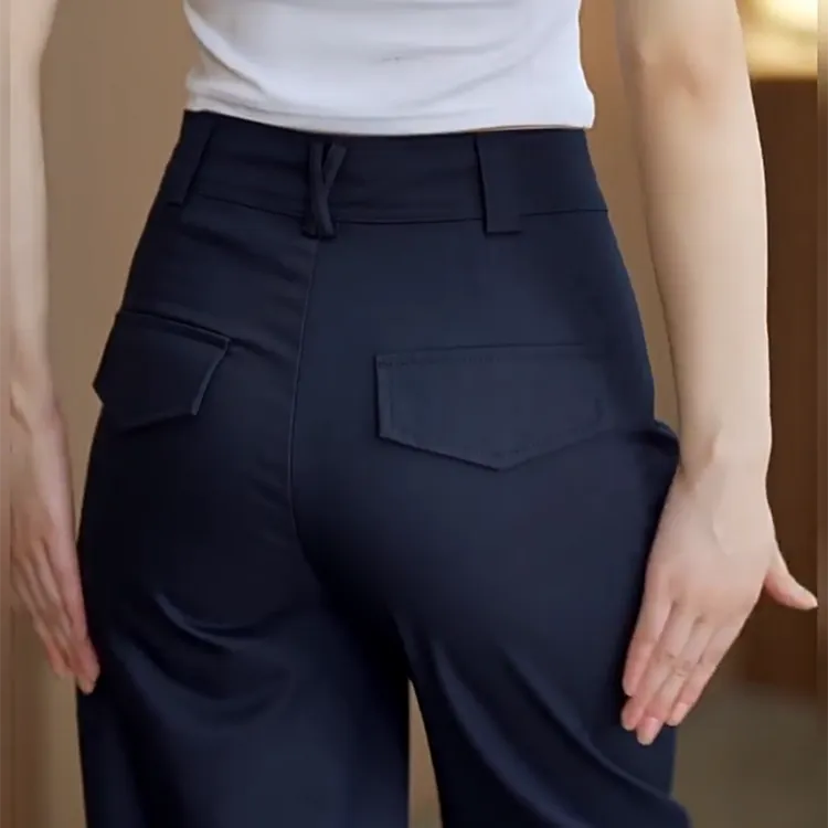 藏青色天丝棉窄版阔腿裤女2025秋季新款西装裤高腰百搭直筒休闲裤