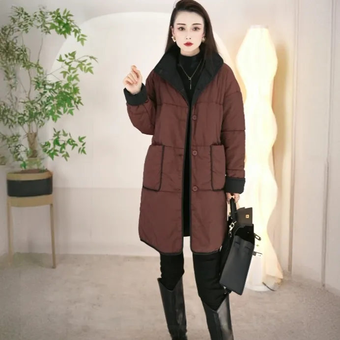 2025正反两面立领棉服女秋冬新款撞色设计宽松休闲中长款保暖棉衣