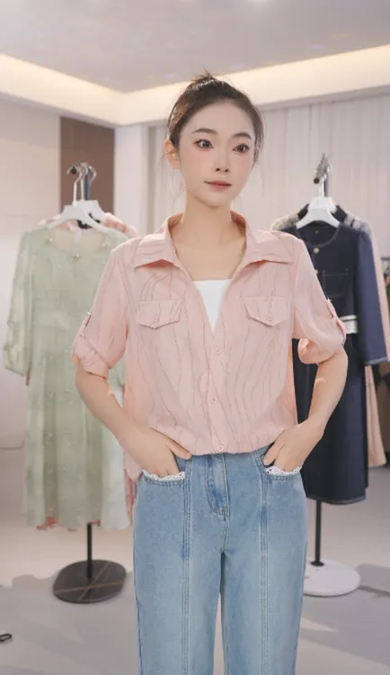 Z8206春夏衬衣女士高端时尚洋气百搭宽松拼接撞色短袖衬衫