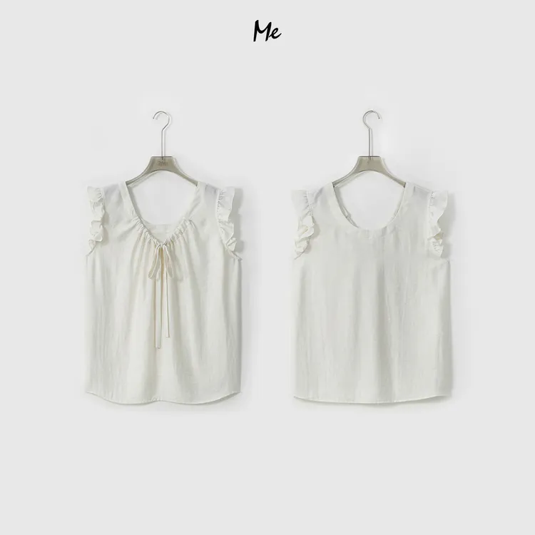 ME【白茶娃娃衫】亚麻混纺少女感木耳边显瘦时尚百搭上衣MESS6716