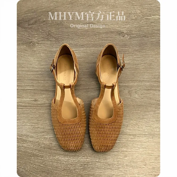 头层羊皮~复古编织绝美罗马凉鞋女配裙子中空玛丽珍粗跟包头单鞋