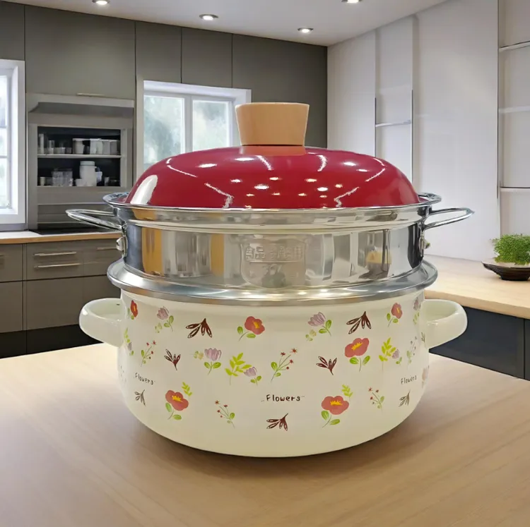 【朵云】20cm小碎花双耳汤蒸锅带蒸笼珐琅搪瓷可炖煮加热
