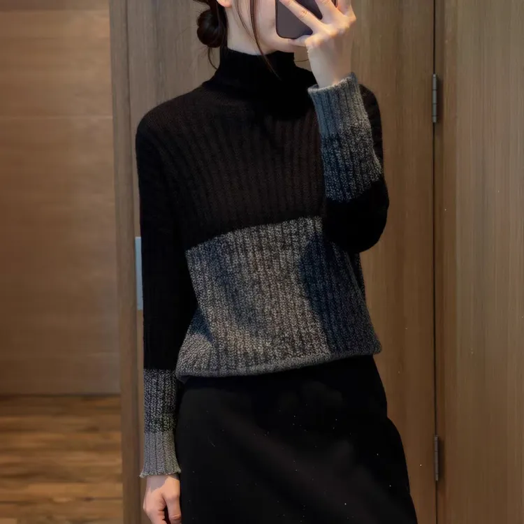 2025新款拼色高领针织衫洋气绒衫女欧货高端秋冬加厚坑条打底毛衣