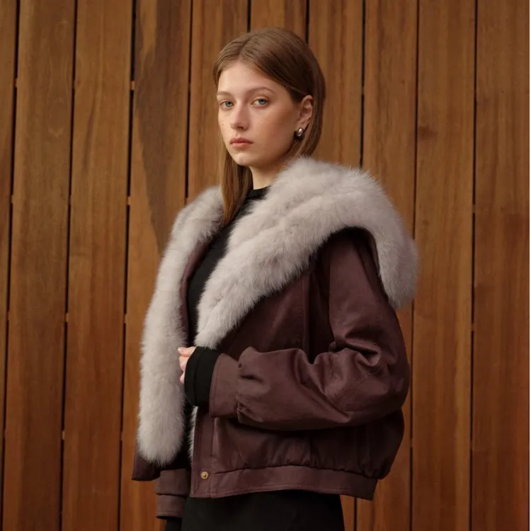 AELE狐狸毛领皮草女短款宽松时尚保暖鹅绒羽绒外套 P855 3783 AD