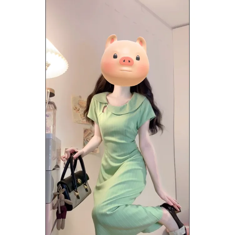 大码【雅韵】夏季新中式不对称娃娃领条纹撞色修身显瘦旗袍连衣裙