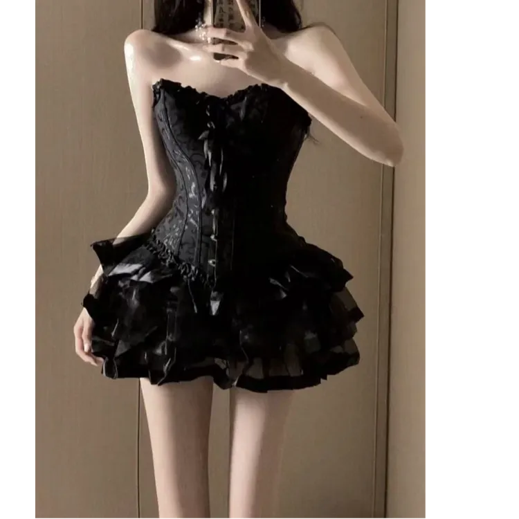 暗黑性感纯欲气质小黑裙收腰显瘦公主蓬蓬裙辣妹连衣裙生日短裙