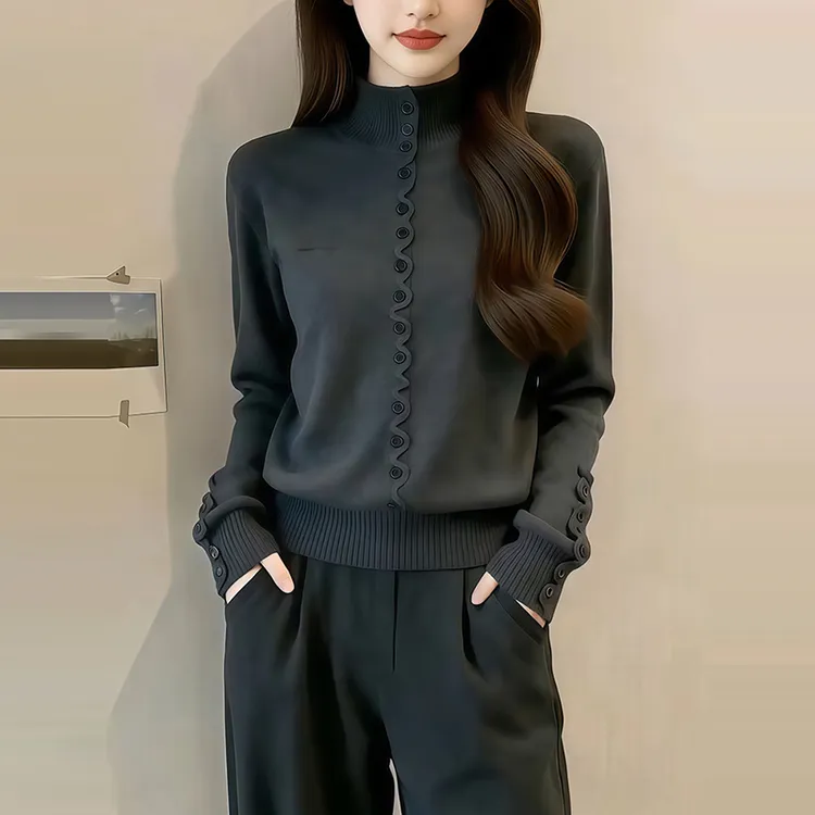 韩版时尚半高领提花纽扣针织衫女秋冬宽松加厚毛衣软糯打底衫毛衣