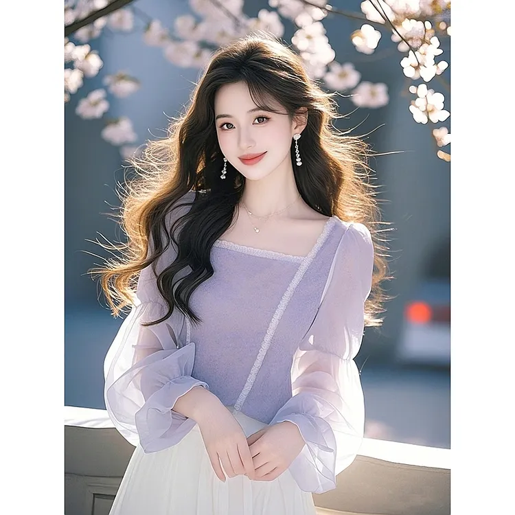 绝美新中式国风紫色方领包边衬衫女2025春季款超好看独特漂亮上衣