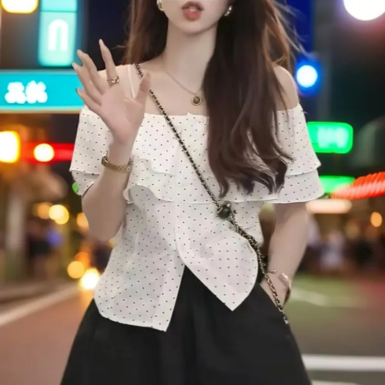 性感一字肩荷叶边波点衬衫女夏季新款短袖小众上衣女显瘦衬衣女