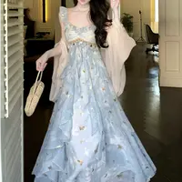 8119 优雅少女感蝴蝶荷叶边层次亮片吊带裙+开衫两件套