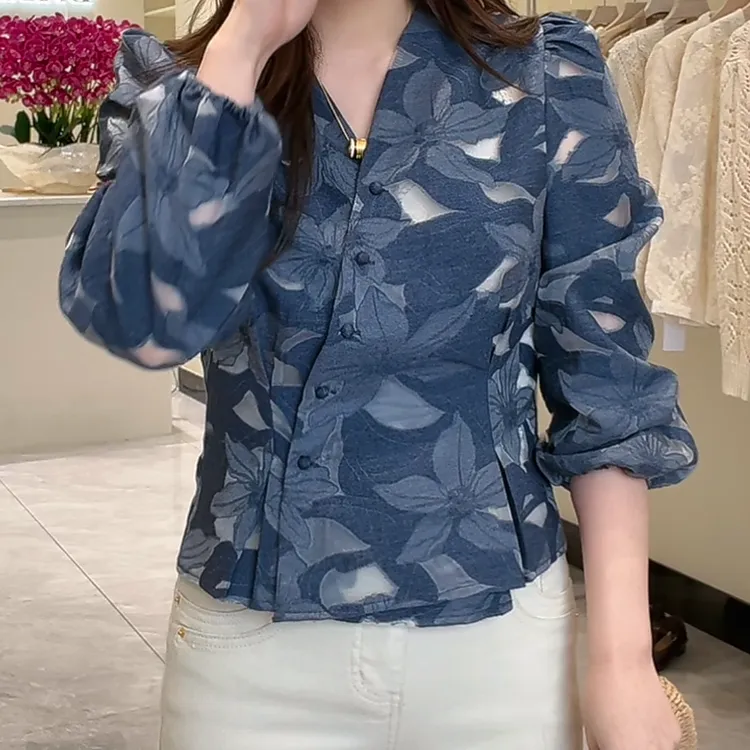 复古印花单排扣气质显瘦小衫2025春款短款衬衣气质设计感长袖衬衫