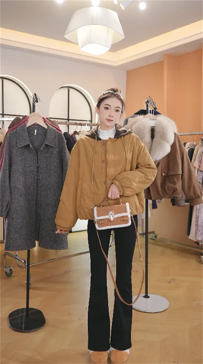 韩系撞色连帽假两件设计短款棉服女秋冬季时尚百搭纯色棉衣女5020