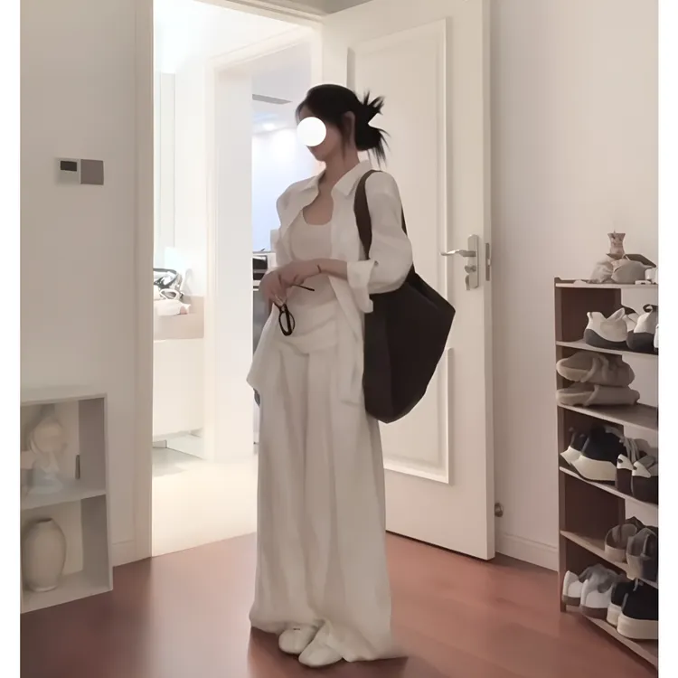 节奏曲韩系慵懒风穿搭长袖衬衫吊带高腰阔腿休闲裤时髦三件套