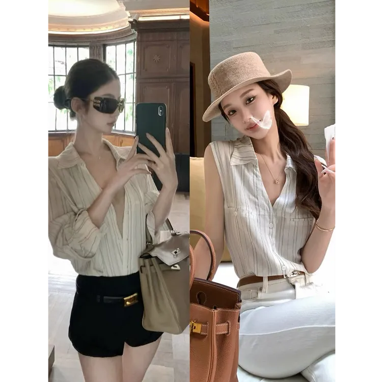 Molly111 无袖/长袖版本 老钱风亚麻衬衫女夏条纹衬衣气质