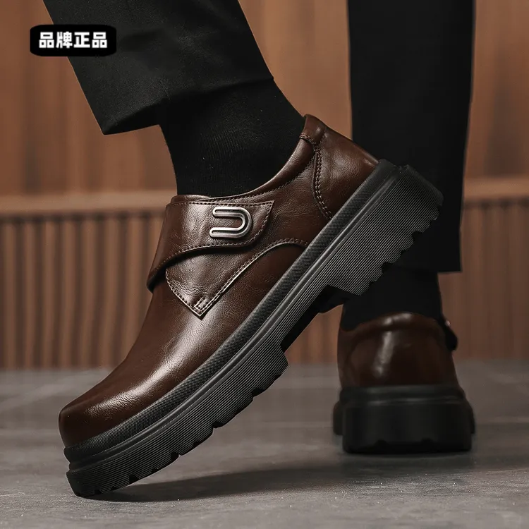 男士休闲增高男鞋懒人魔术贴厚底皮鞋一脚蹬工装鞋保暖加厚棉鞋男