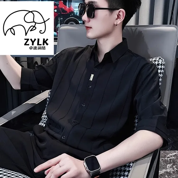 短袖男衬衫夏季条纹衬衣男款2025新款高级感痞帅黑色寸衫冰丝上衣