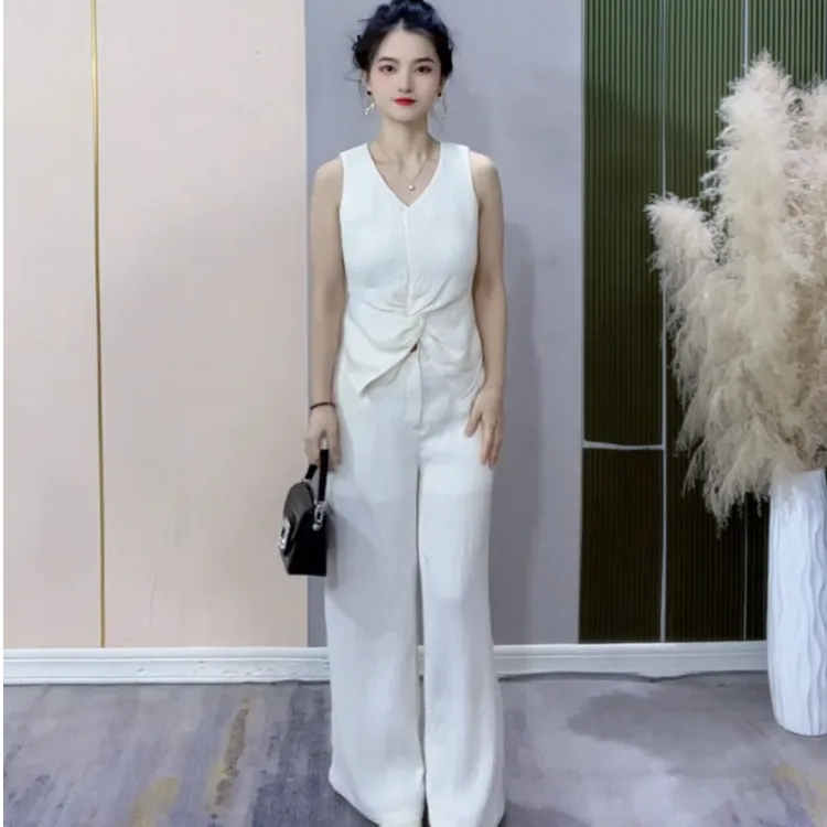 2025夏新款小个子定制收腰立体扭结设计v领那家休闲裤套装KY5013