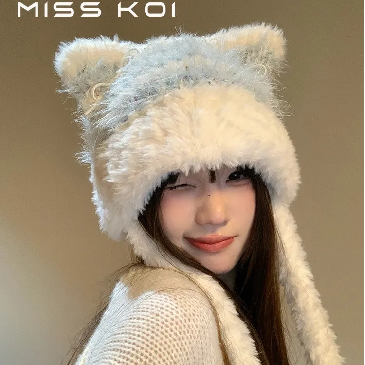 蝴蝶结猫耳朵帽子猫耳帽子毛茸茸针织帽子女秋冬条纹大头围显脸小