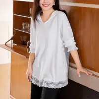 【现货莱卡弹力罗纹】MsShe大码女装秋气质蕾丝拼接T恤J~E2509023