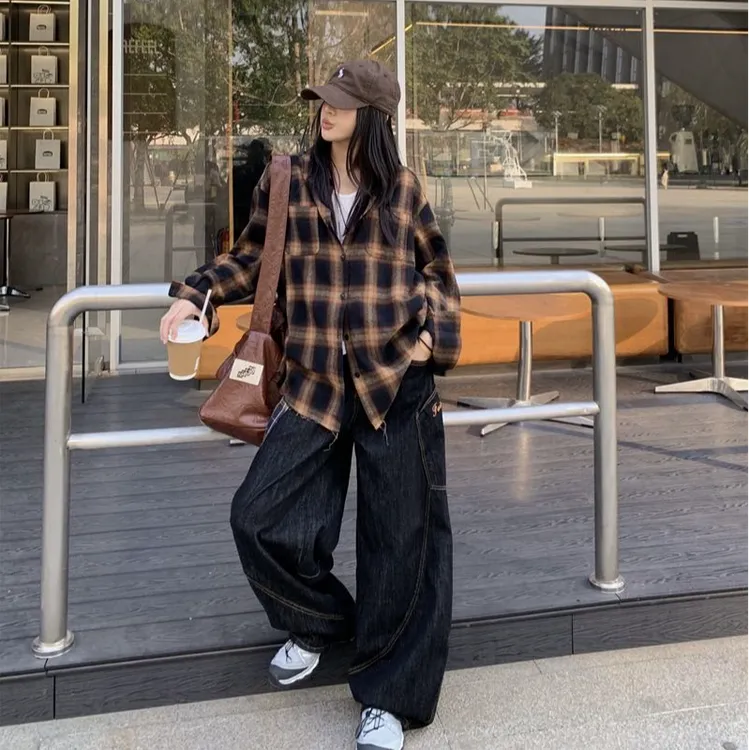 美式复古休闲撞色格纹翻领衬衫女2025春季新款慵懒宽松设计感上衣