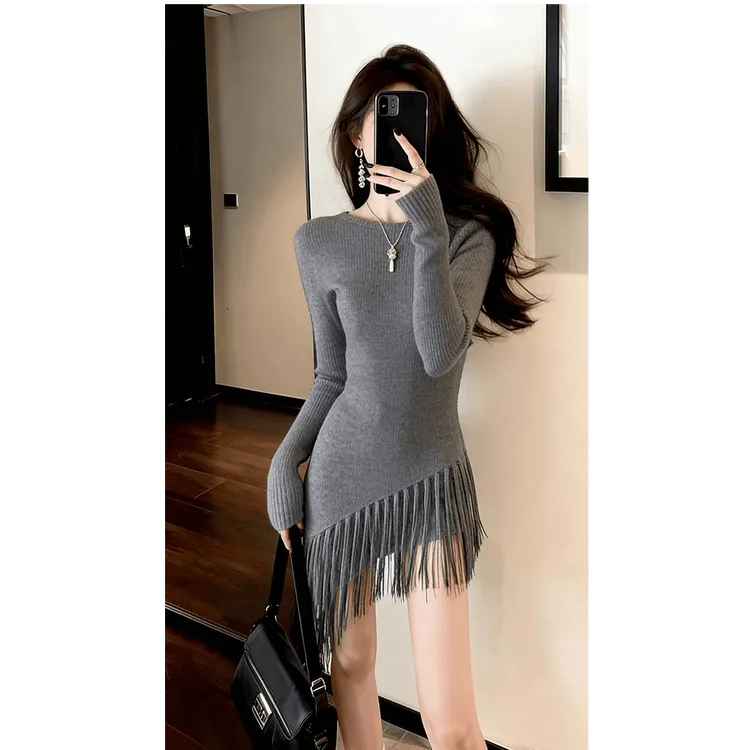 INS CEC法式特别漂亮掐腰灰色流苏边针织连衣裙冬天配大衣的裙子