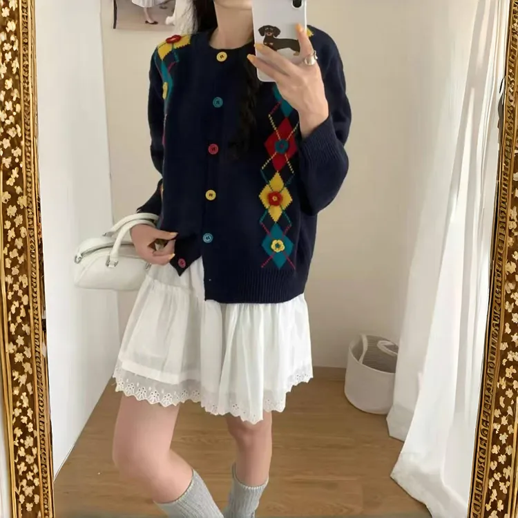 秋季圆领针织提花法式女毛针织开衫刺绣撞色毛衣百搭女装短款气质
