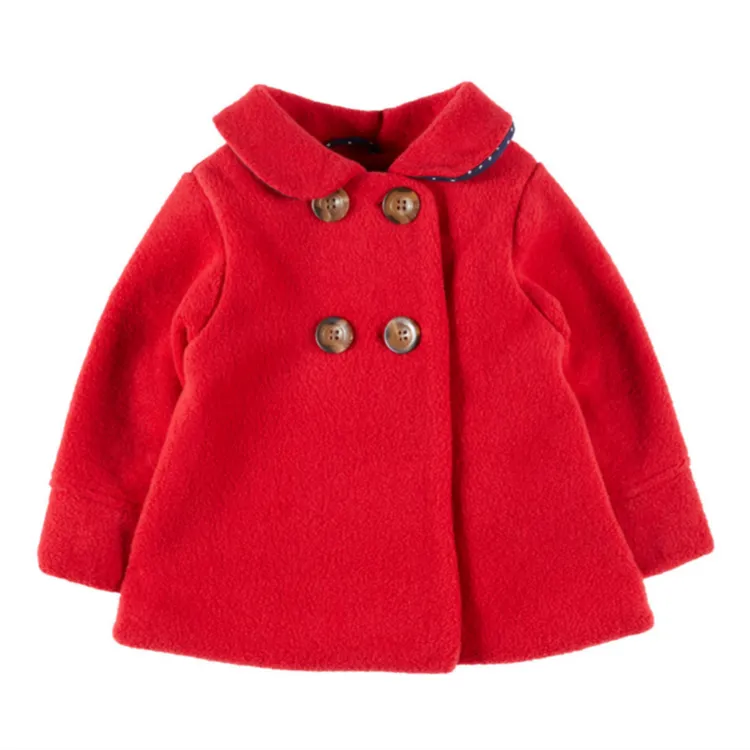高品质女童大衣红色外套秋冬新款女宝宝新年衣服双排扣上衣娃娃领