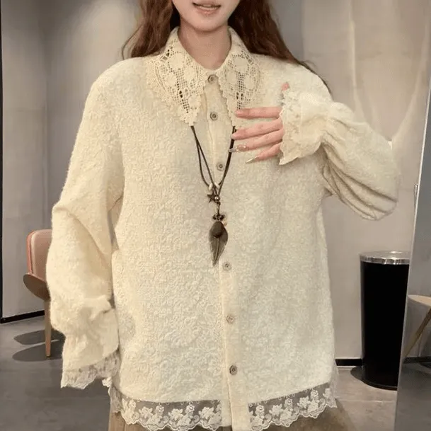 千金风加厚蕾丝拼接印花衬衫女秋冬季新款设计感洋气百搭精致上衣