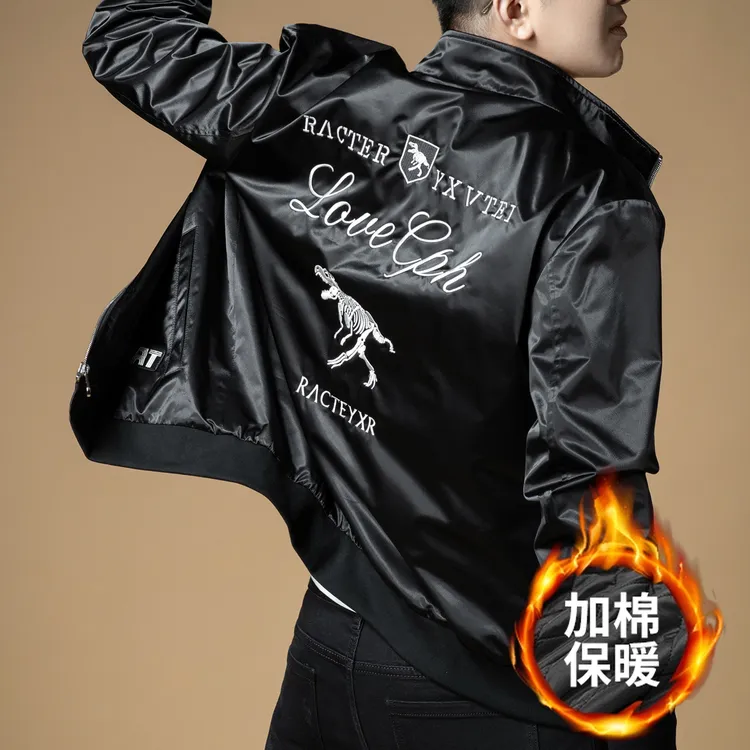 撒内摩劳轻奢新款冬季加棉保暖外套男士刺绣夹克冬款上衣立领茄克