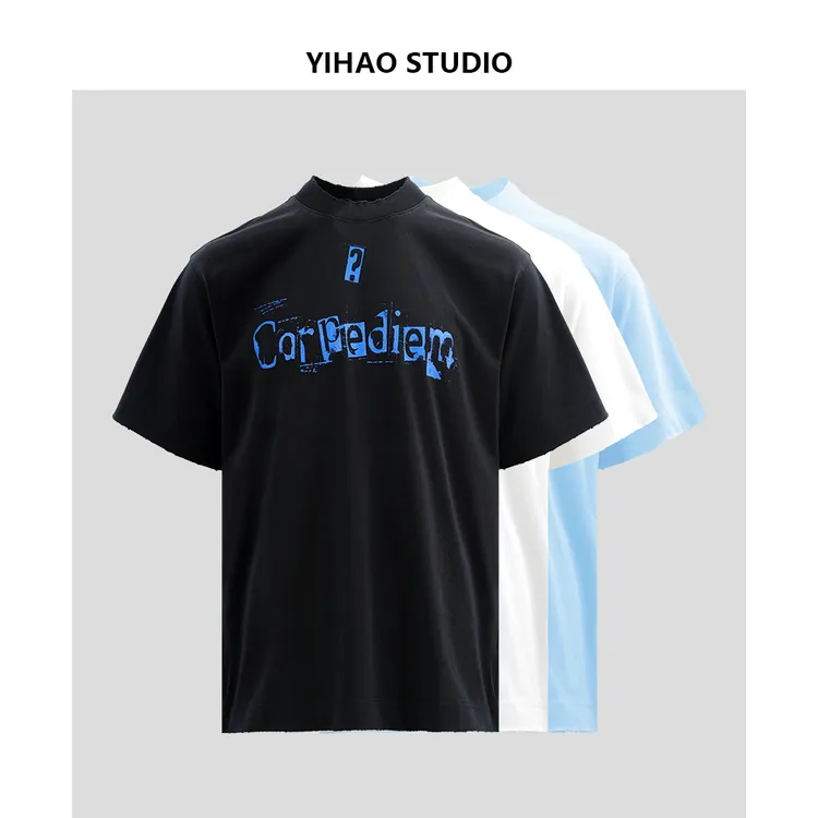 YIHAO STUDIO夏季男款英文印花纯棉半袖T恤百搭休闲宽松圆领短袖