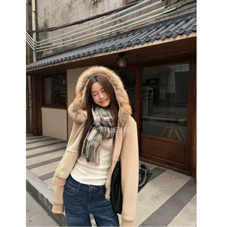 SMILEME【奶油慕斯】秋冬季时尚百搭真毛领宽松连帽卫衣MA02825411