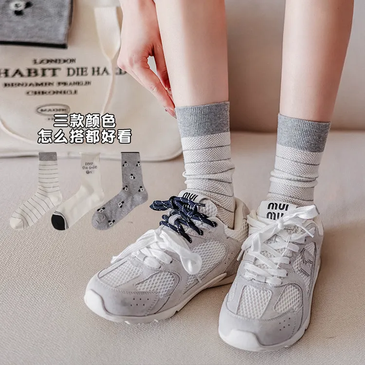春夏新款网眼灰色卡通女袜夏季薄款中筒棉袜柔软舒适透气棉袜