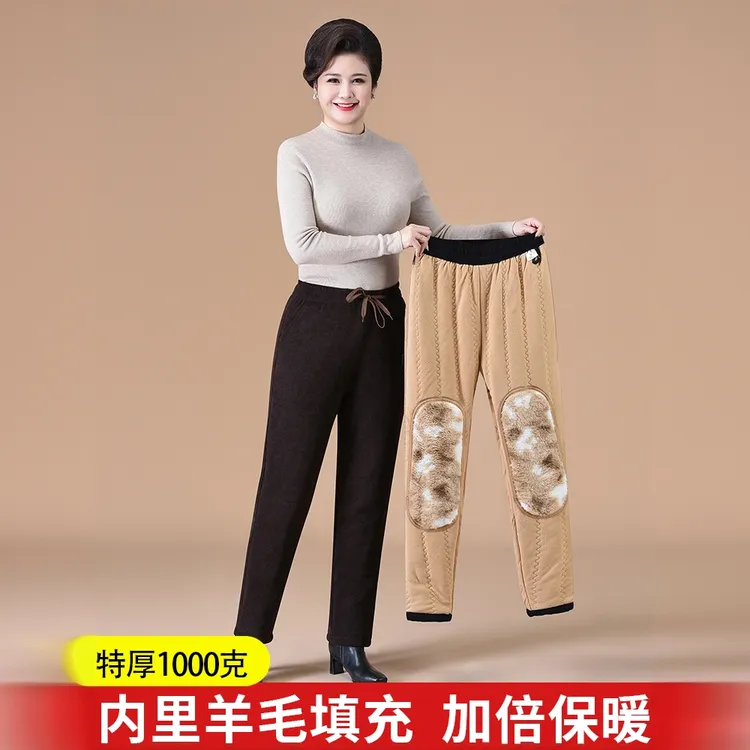 羊毛加厚欧棉绒女棉裤修身显瘦高腰弹力松紧腰直筒裤加绒特厚暖裤