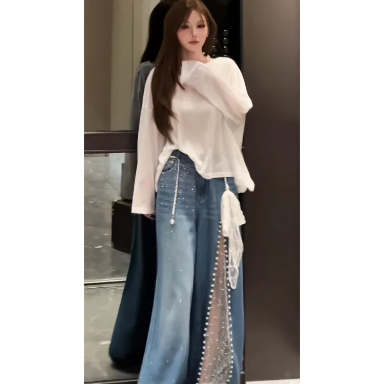 设计感宽松露背别致上衣镂空蕾丝牛仔裤百搭复古两件套