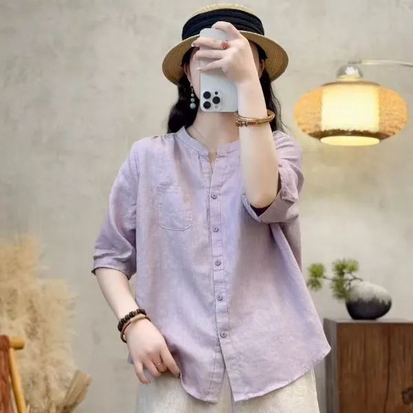 【100亚麻】V领中袖夏季透气纯色百搭宽松时尚衬衣休闲文艺显瘦7065