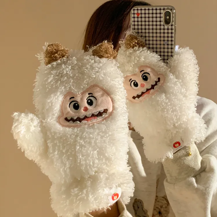 可爱系卡通毛绒手套女冬季2025新款加绒加厚保暖防寒防风挂脖骑车