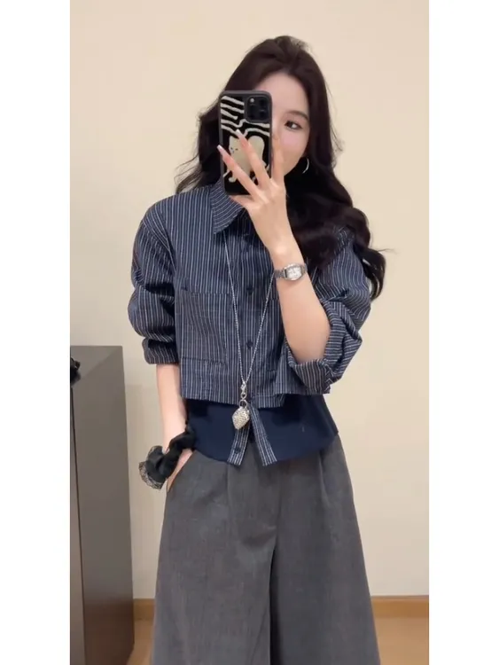 蓝色长袖条纹衬衫女秋法式轻奢高级感独特漂亮巨好看气质女士上衣