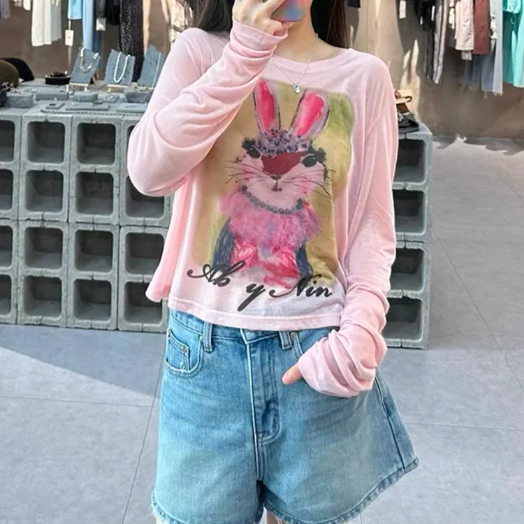 时髦设计感卡通复古兔子长袖T恤女2025春夏新款时尚百搭防晒上衣