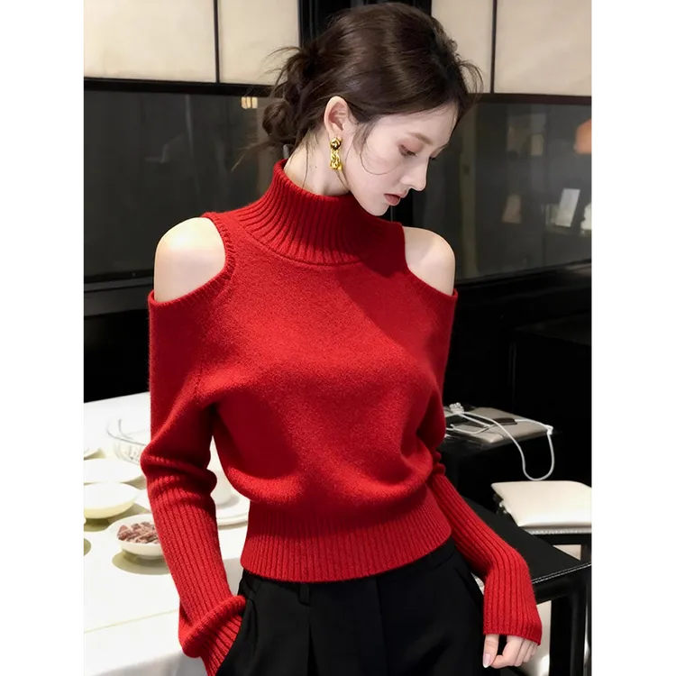 红色露肩高领毛衣女秋冬慵懒高级感上衣独特超好看洋气针织打底衫