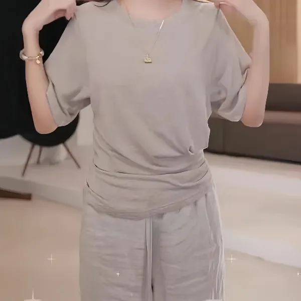 高级感收腰圆领正肩短袖t恤女夏季大码胖MM宽松显瘦休闲气质上衣